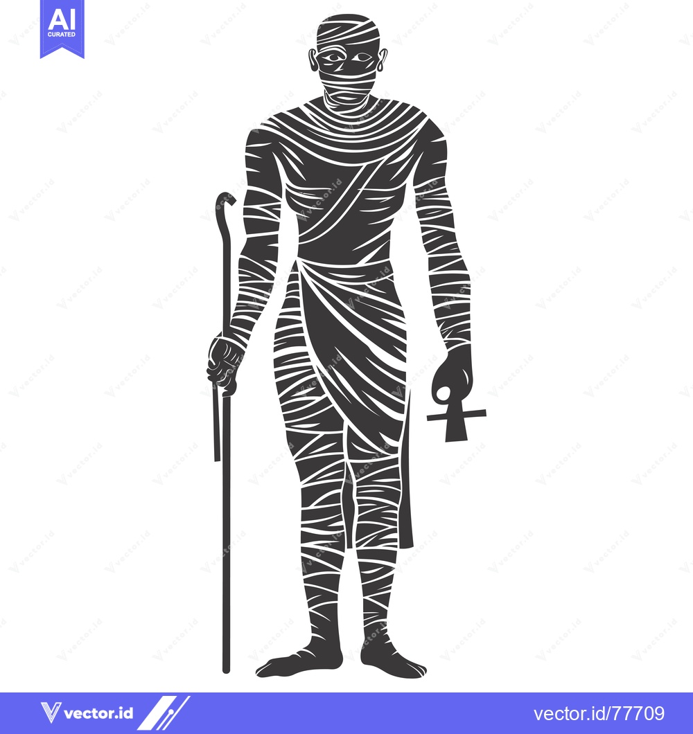 Premium Vector of A Black and White Illustration of a Mummy Holding a Staff and an Ankh