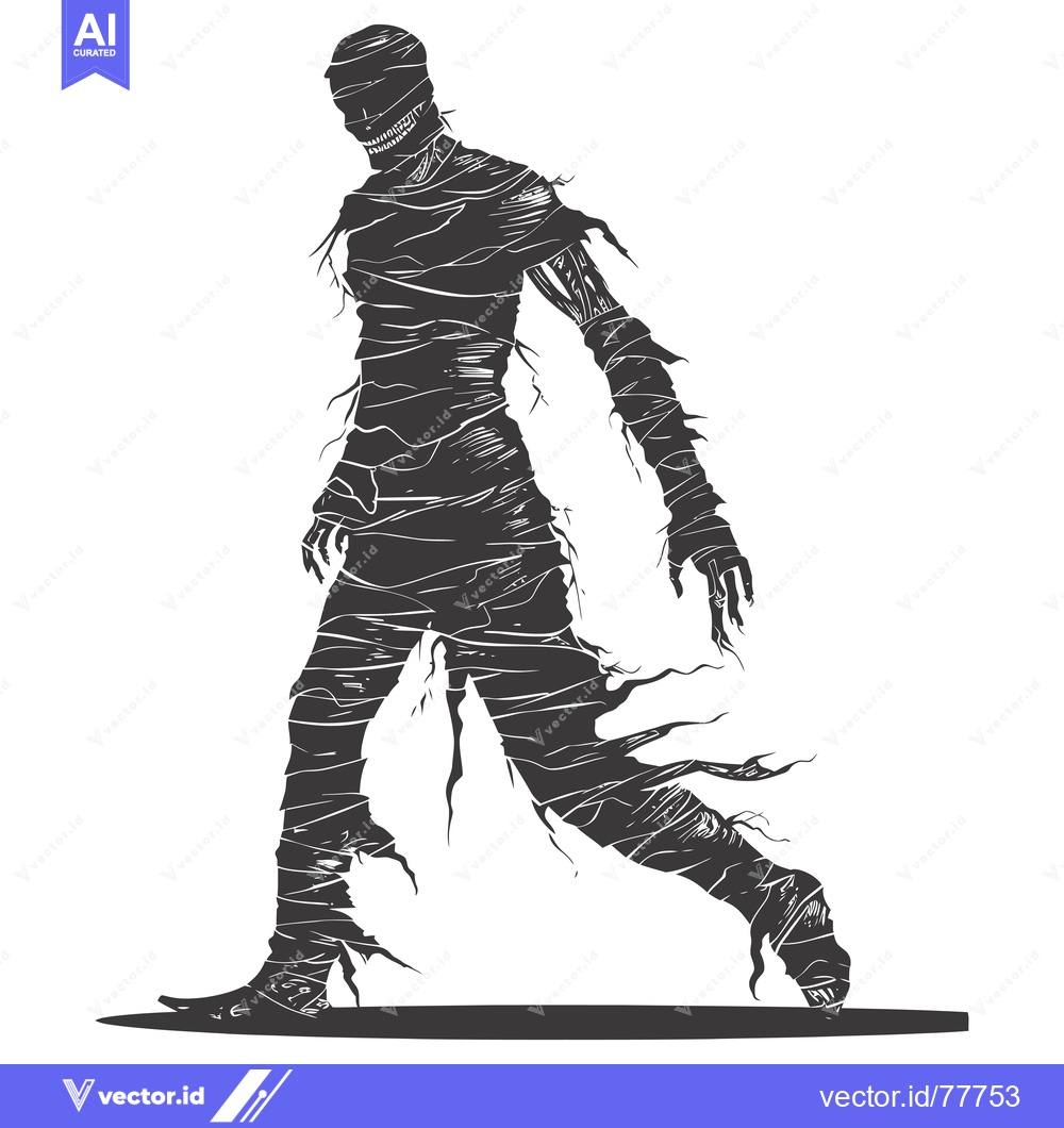 Premium Vector dari A black and white illustration of a walking mummy with a sinister smil
