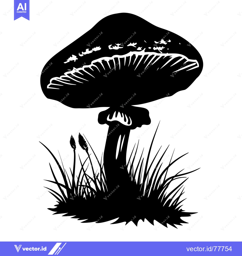 Premium Vector dari Black and White Silhouette of a Mushroom Growing in Grass