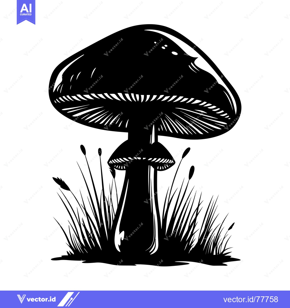 Premium Vector of Black and White Illustration of a Mushroom in Grass