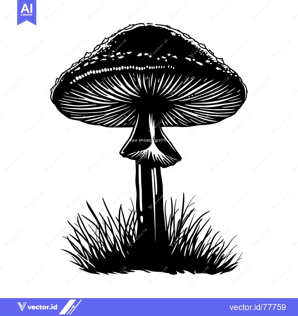Premium Vector dari A Black and White Illustration of a Single Mushroom in the Grass