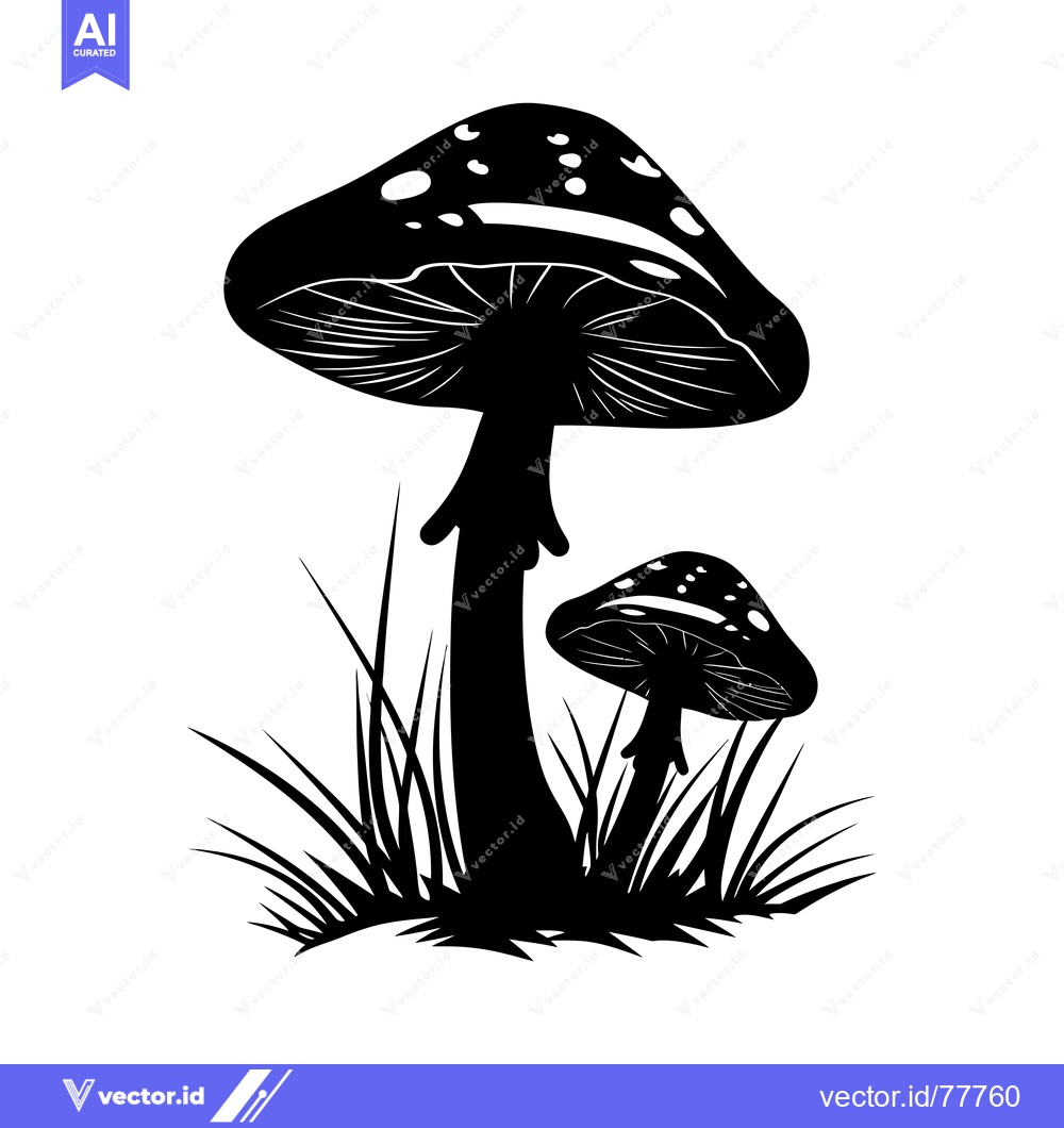 Premium Vector dari Black and White Silhouette of Two Mushrooms in Grass