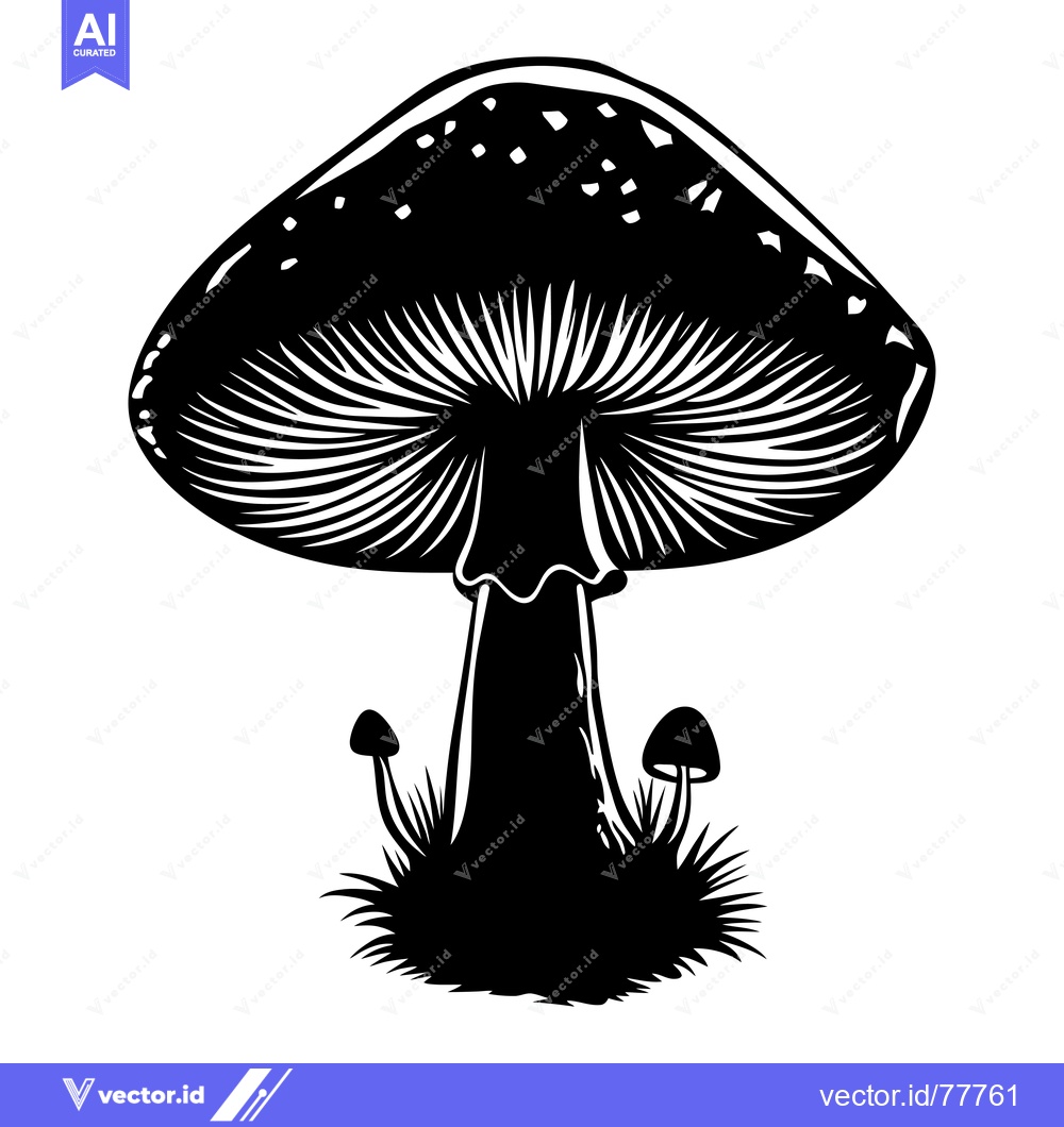 Premium Vector dari Black and White Illustration of a Mushroom with Small Mushrooms