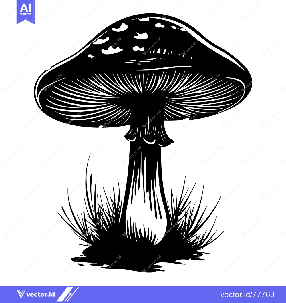 Premium Vector dari Black and White Illustration of a Single Mushroom with Grass