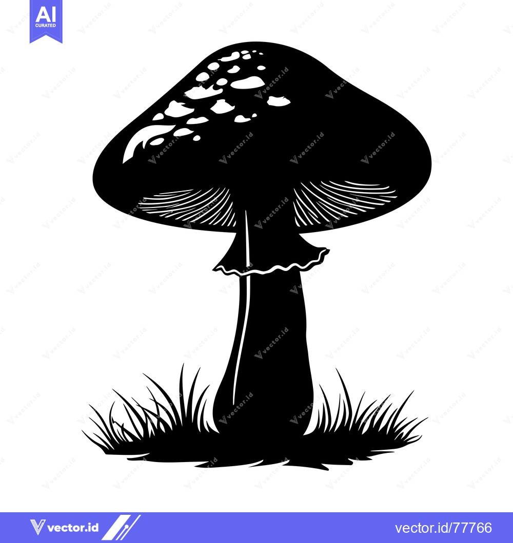 Premium Vector dari Black and White Silhouette of a Mushroom with Grass