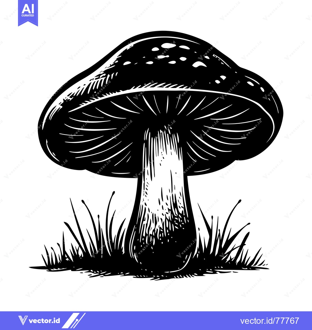 Premium Vector dari Black and White Illustration of a Single Mushroom with Grass