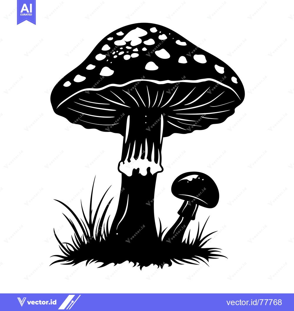 Premium Vector dari Black and White Illustration of Two Mushrooms in Grass