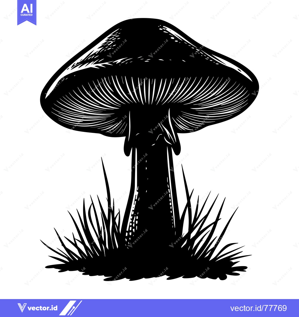 Premium Vector dari Black and White Silhouetted Mushroom with Grass
