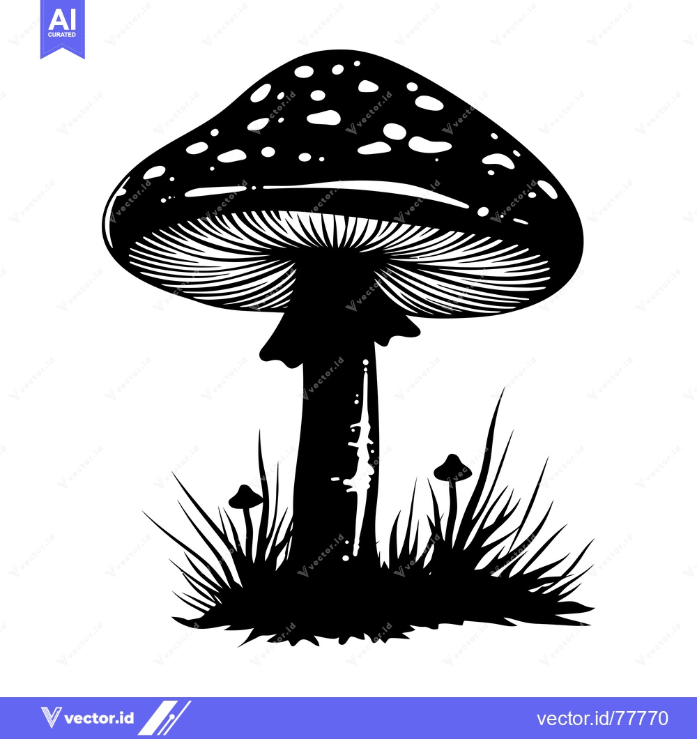 Premium Vector of Black and White Illustration of a Toadstool Mushroom in Grass