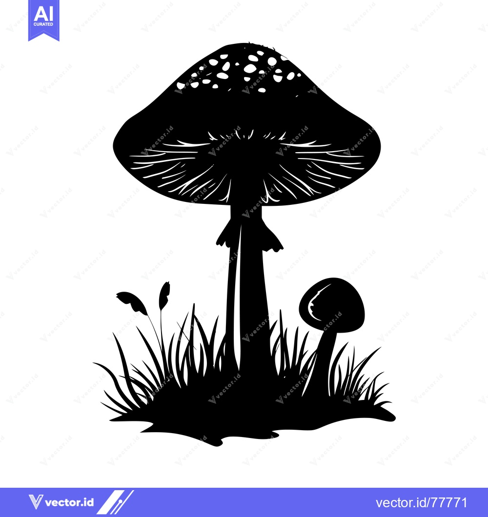 Premium Vector of Black and White Silhouette of Two Mushrooms in Grass
