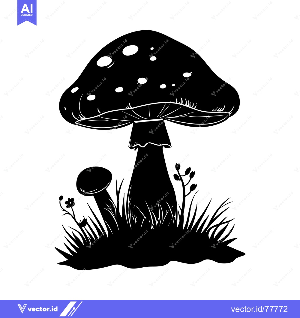 Premium Vector dari Black and White Silhouette of a Mushroom Growing in Grass