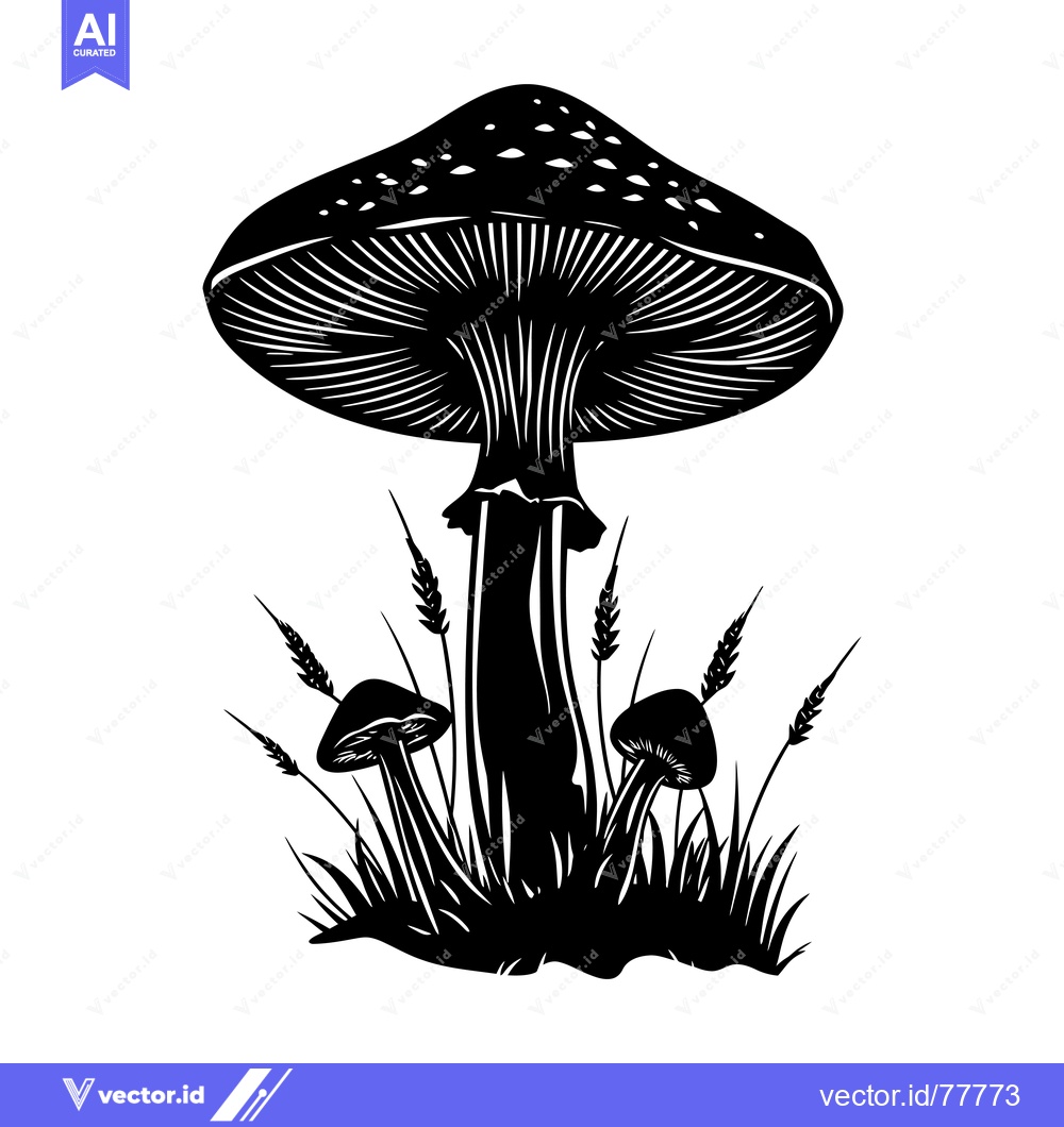 Premium Vector dari Black and White Illustration of a Single Large Mushroom with Two Small