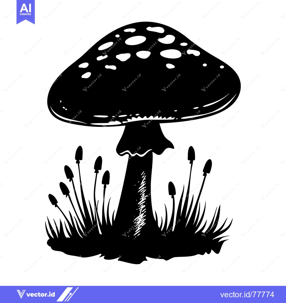 Premium Vector dari Black and White Silhouette of a Mushroom with Grass and Smaller Mushro