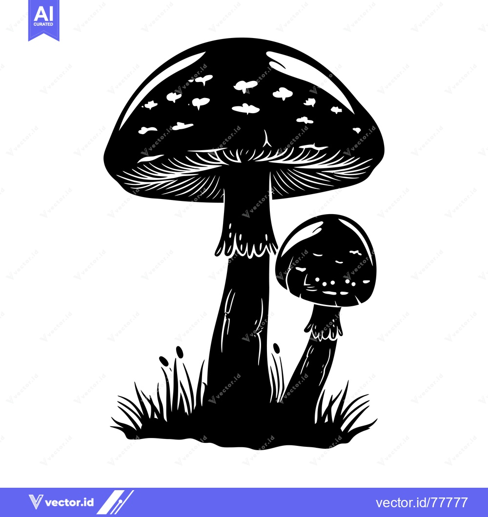 Premium Vector dari Black and White Illustration of Two Mushrooms with Grass