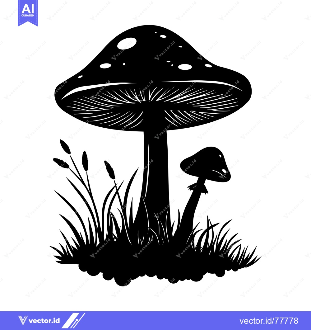 Premium Vector of Black and White Silhouette of Mushrooms in Grass
