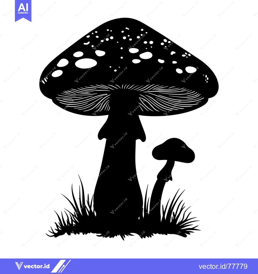 Premium Vector dari Black and White Silhouette of Two Mushrooms in Grass