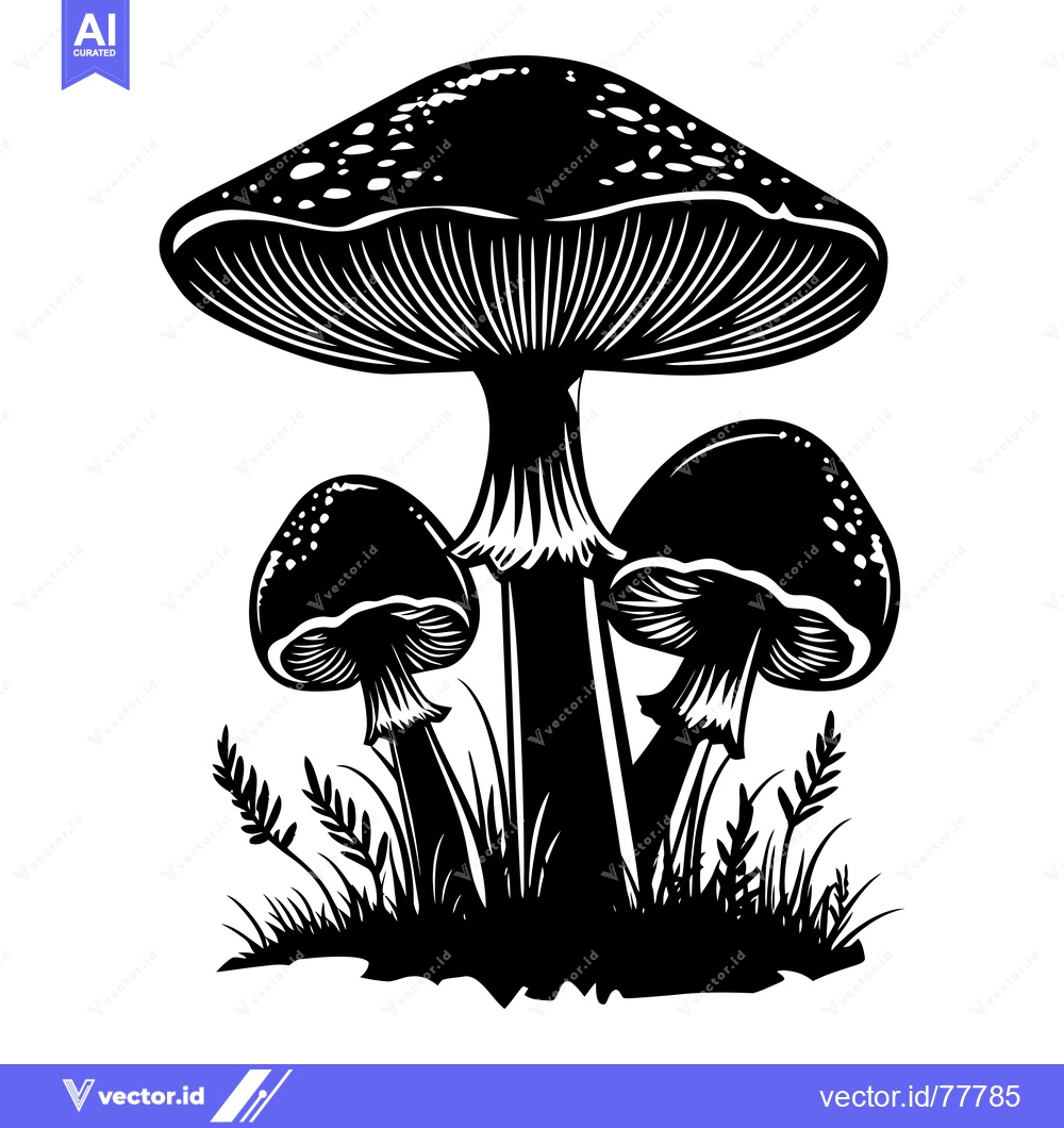 Premium Vector dari A Cluster of Three Black and White Mushrooms with Grass in Silhouette