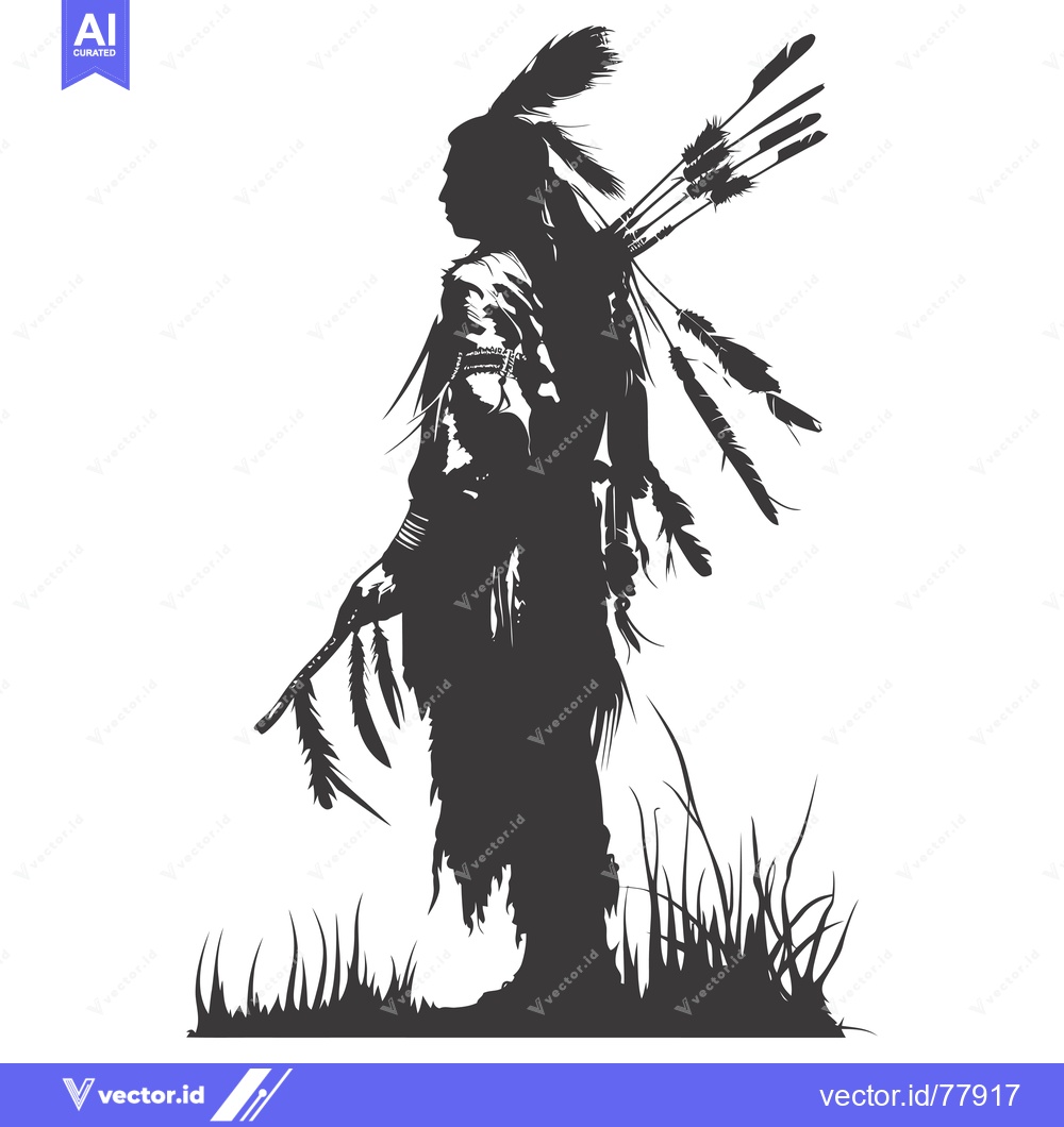 Premium Vector dari Native American Warrior Silhouette with Feathers and Grass