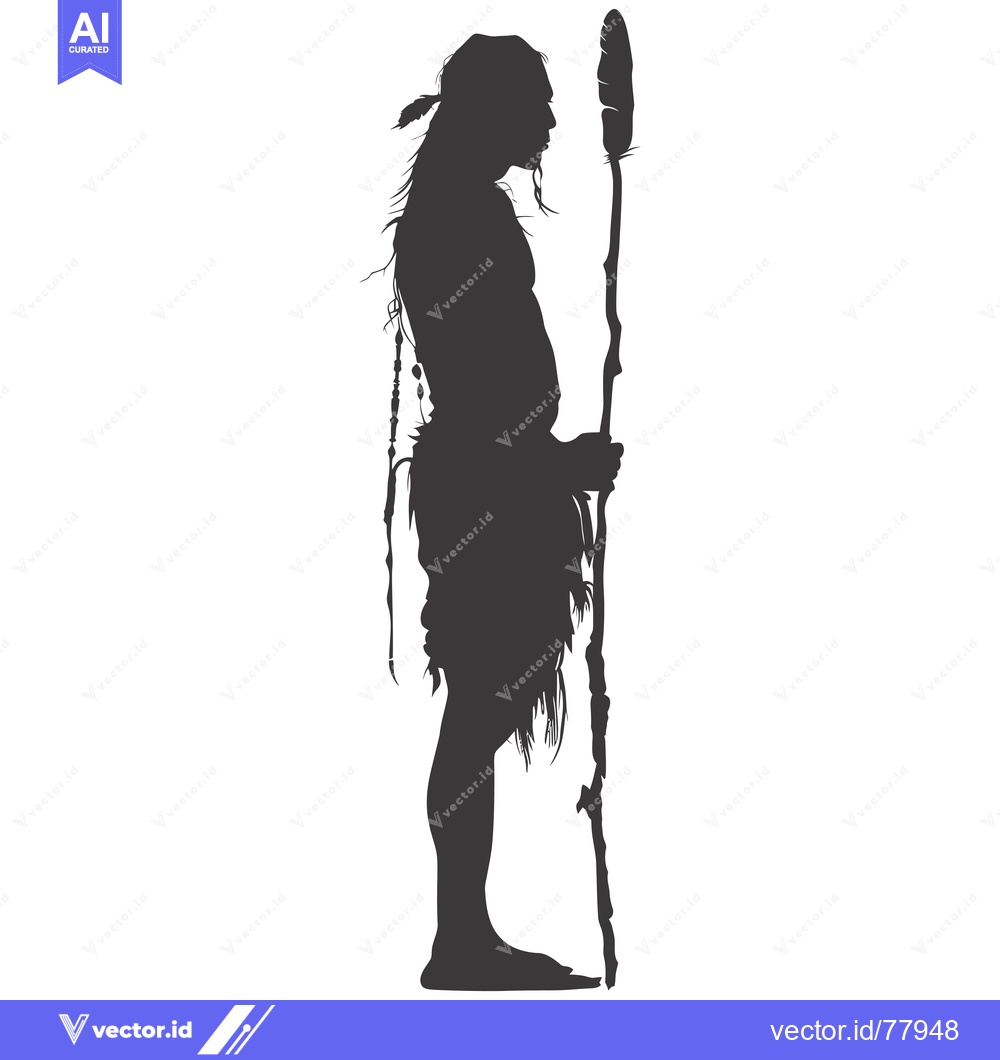 Premium Vector of Silhouette of a Native American Man Holding a Staff with Feathers