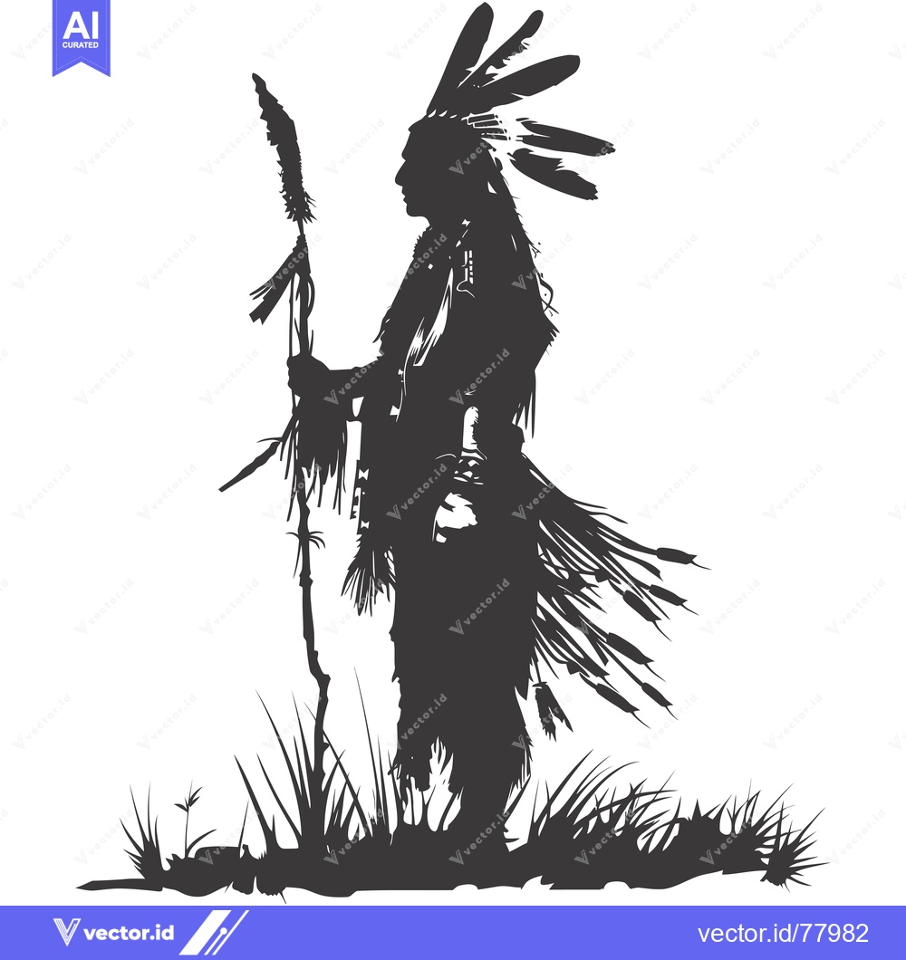 Premium Vector dari Silhouette of a Native American Warrior Holding a Staff