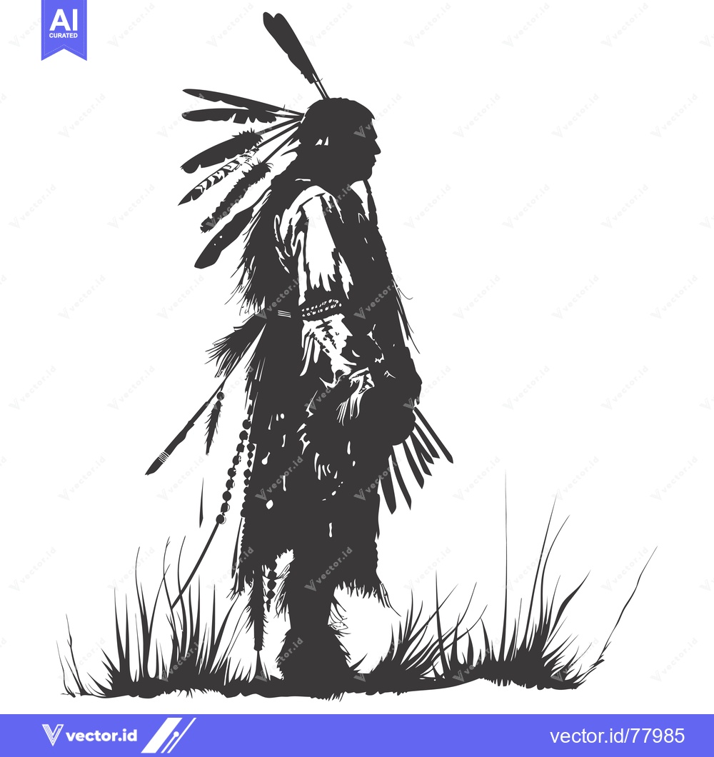 Premium Vector of Native American Warrior Silhouette with Feathers and Grass