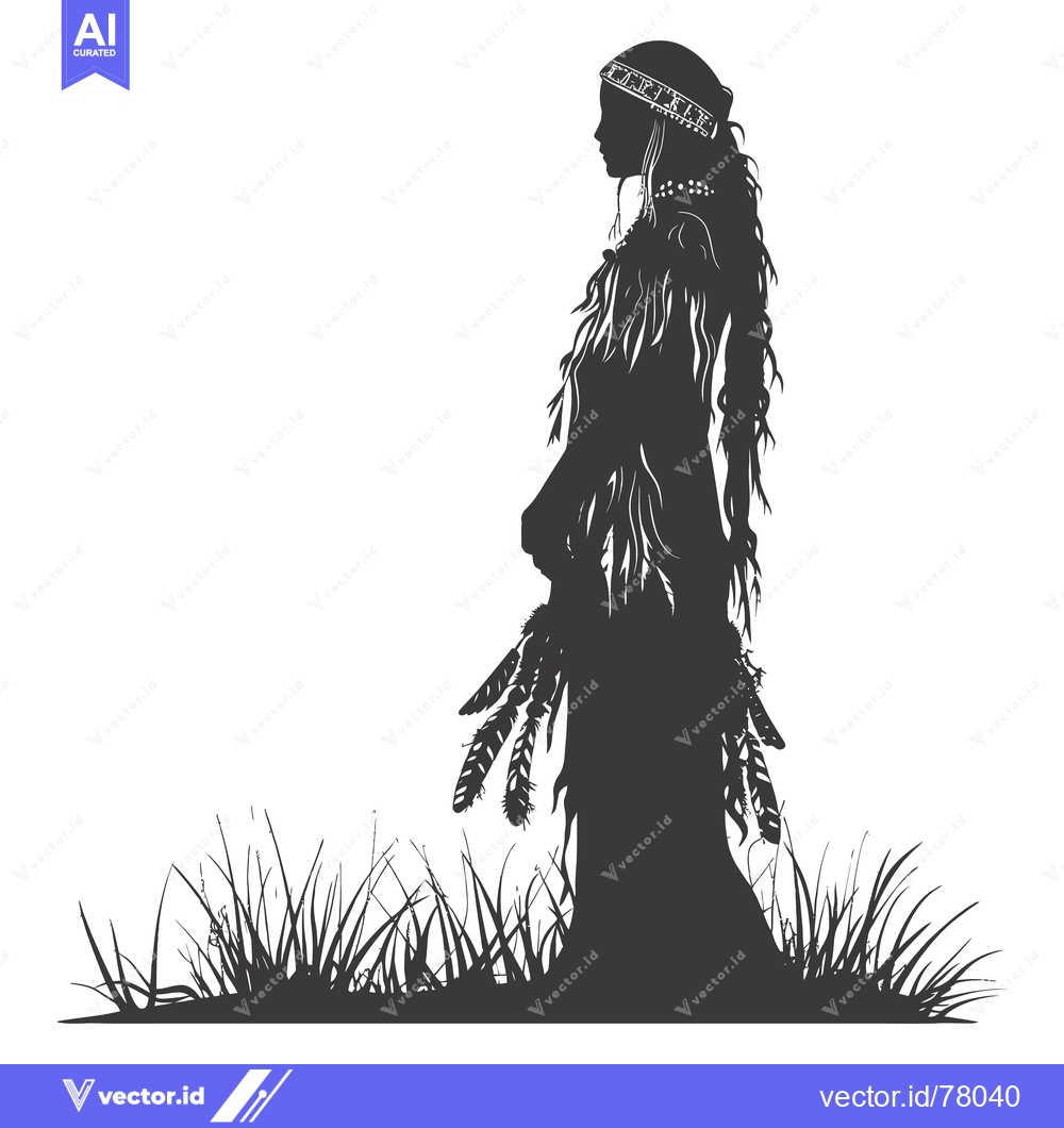 Premium Vector of Silhouette of a Native American Woman with Feathers in Grass