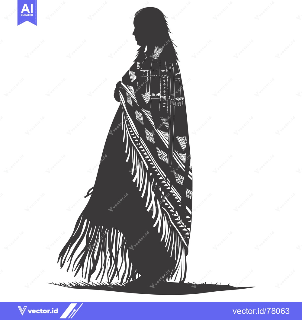 Premium Vector dari Silhouette of a Woman Wearing a Fringed Blanket with a Geometric Patte
