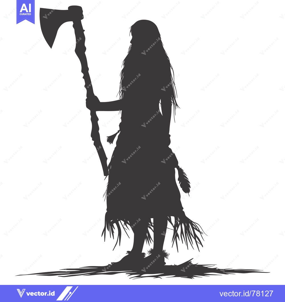 Premium Vector of Silhouette of a Woman Holding an Axe with Long Hair and a Grass Skirt