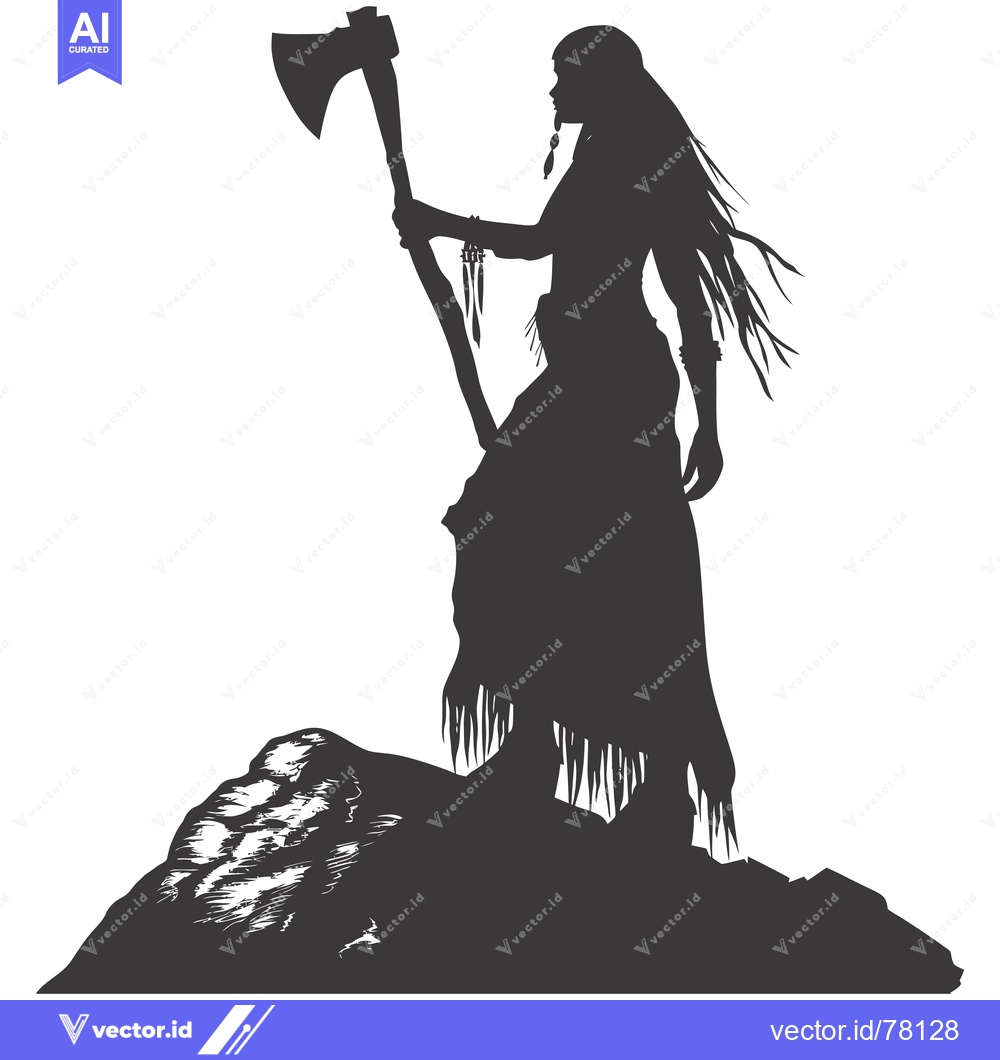 Premium Vector dari Silhouette of a Native American Woman Holding an Axe on a Mountaintop