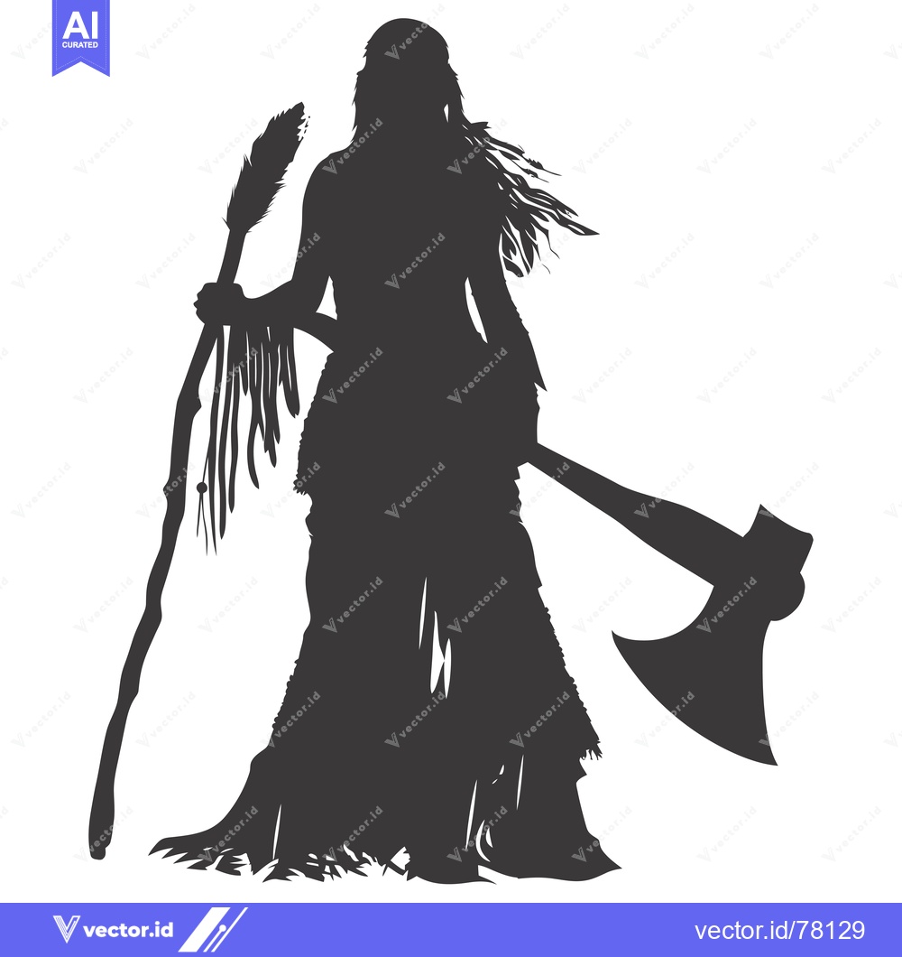 Premium Vector dari Silhouette of a Woman with an Axe and a Staff