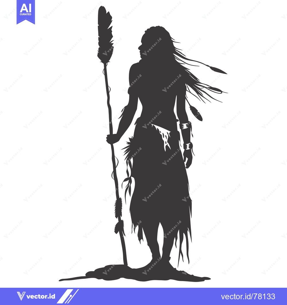Premium Vector dari Silhouette of a Native American Woman Holding a Staff Adorned with Fea