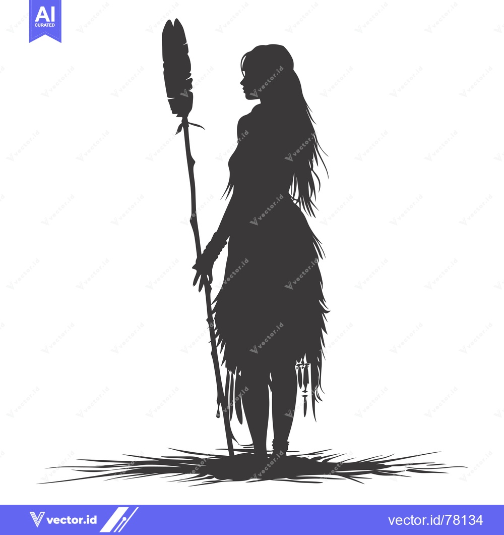 Premium Vector of Silhouette of a Native American Woman Holding a Staff with Feathers