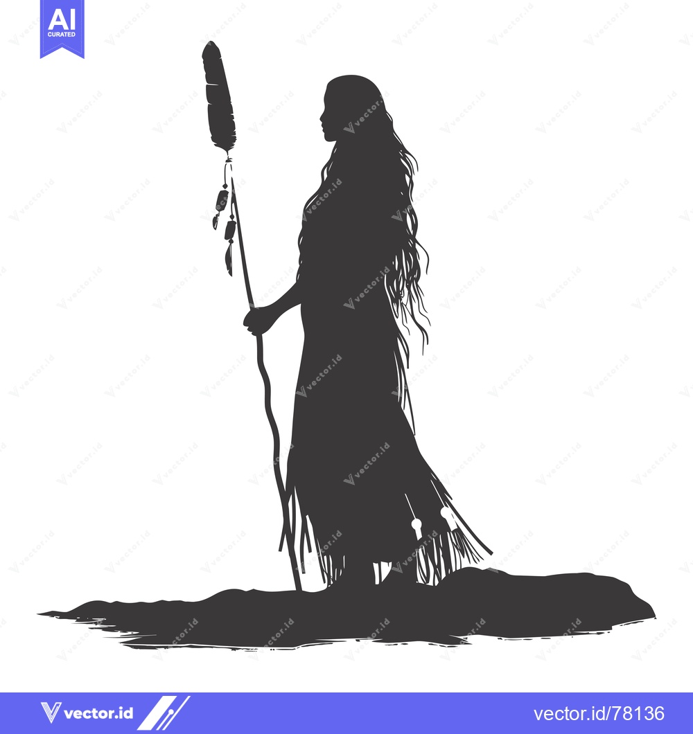 Premium Vector dari Silhouette of a Native American Woman Holding a Feathered Staff