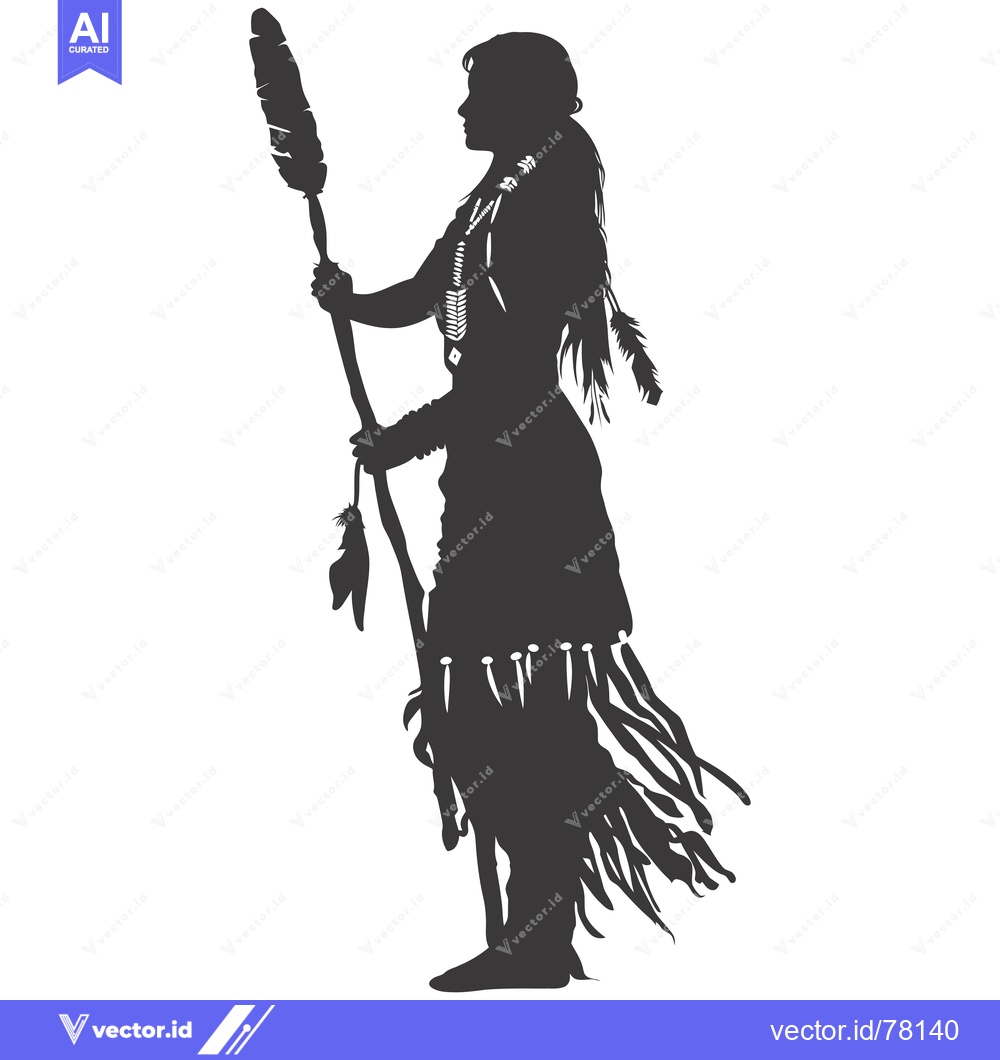 Premium Vector of Silhouette of a Native American Woman Holding a Staff with Feathers