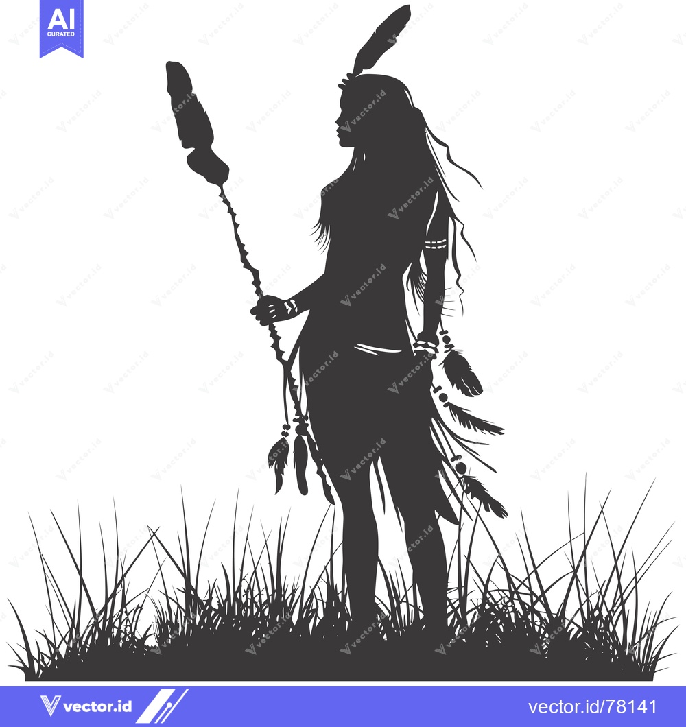 Premium Vector of Silhouette of a Native American Woman Holding a Staff with Feathers