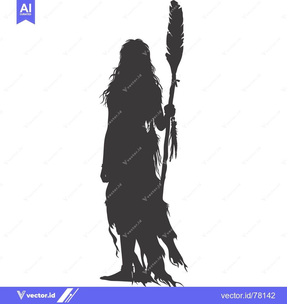 Premium Vector of Silhouette of a Woman Holding a Staff with Feathers