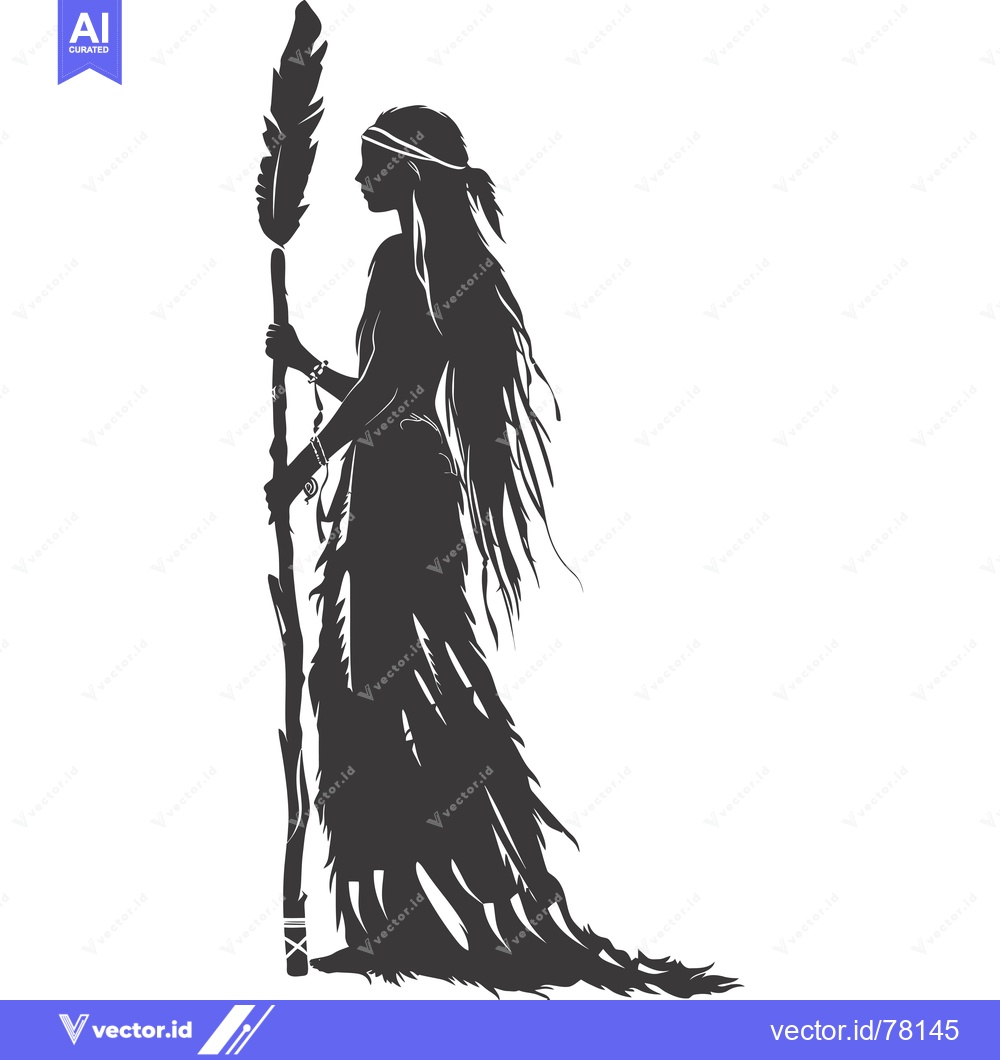 Premium Vector dari Silhouette of a Native American Woman Holding a Feather Staff