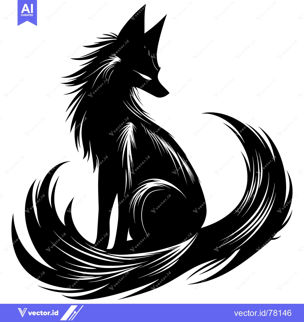 Premium Vector dari Black and White Silhouette of a Sitting Fox with a Long, Feathery Tail
