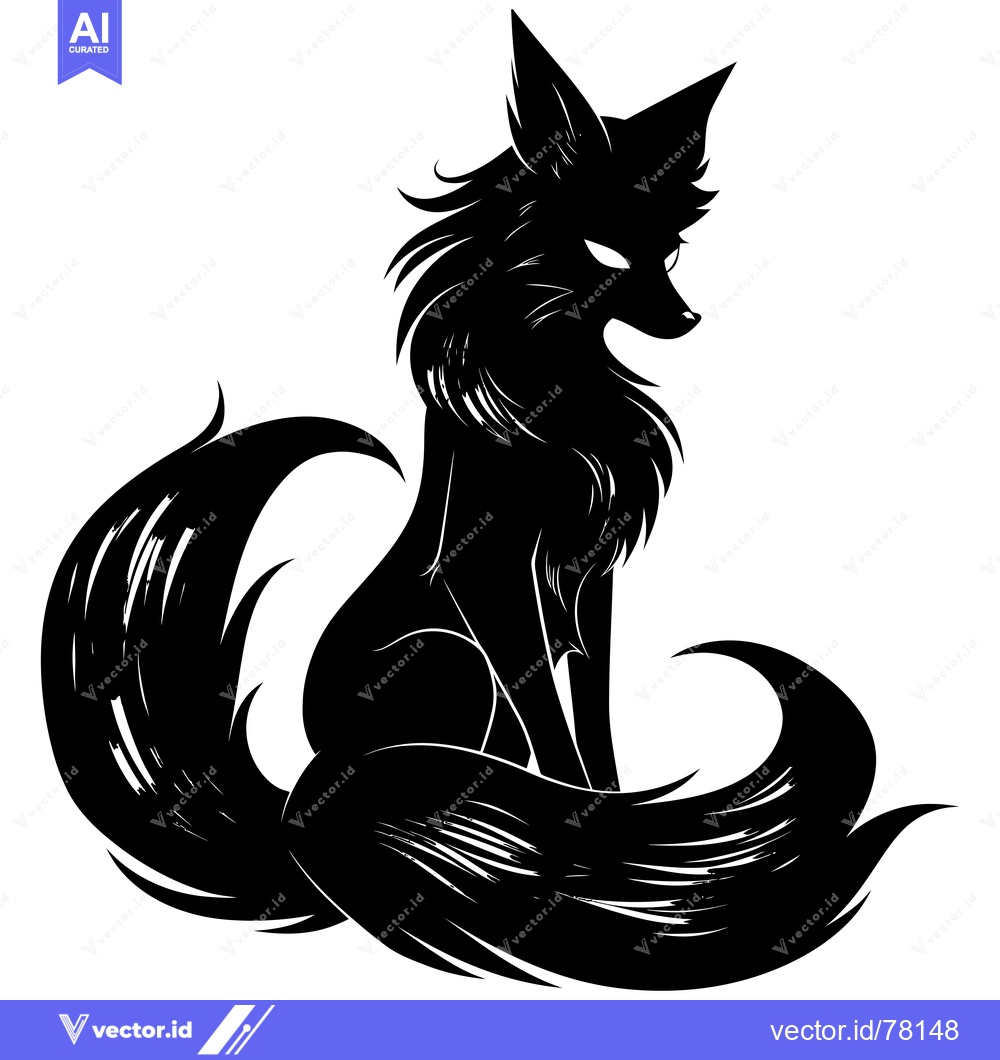 Premium Vector dari Black and White Silhouette of a Sitting Fox with a Large, Fluffy Tail