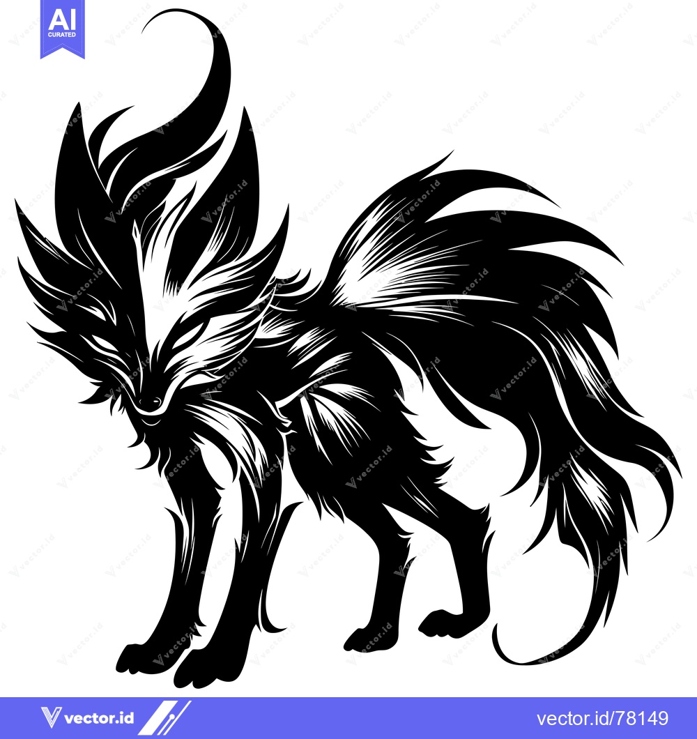 Premium Vector dari Stylized Black and White Illustration of a Fox with a Large Bushy Tail