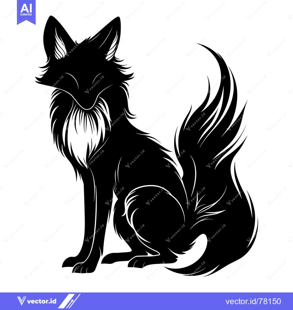 Premium Vector of Black and White Silhouette of a Sitting Fox with a Large, Flowing Tail