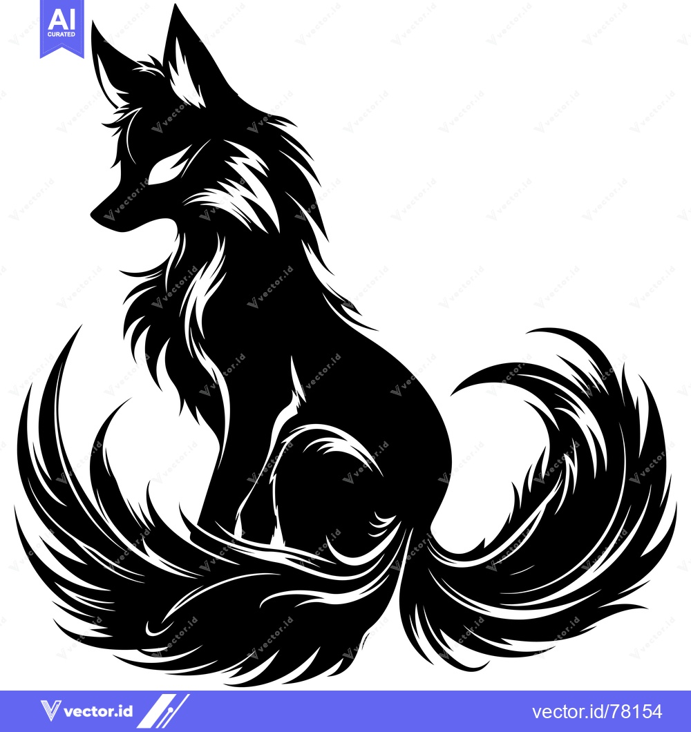 Premium Vector dari Black and White Silhouette of a Sitting Fox with a Large Fluffy Tail