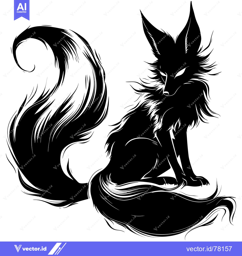 Premium Vector of Black and White Silhouette of a Sitting Fox with a Large Fluffy Tail