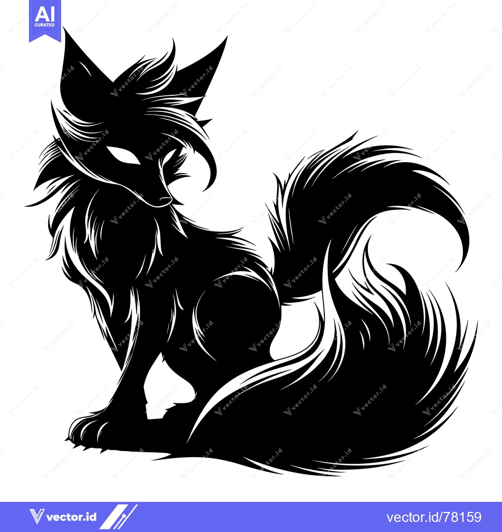 Premium Vector dari Black and White Silhouette of a Sitting Fox with a Fluffy Tail