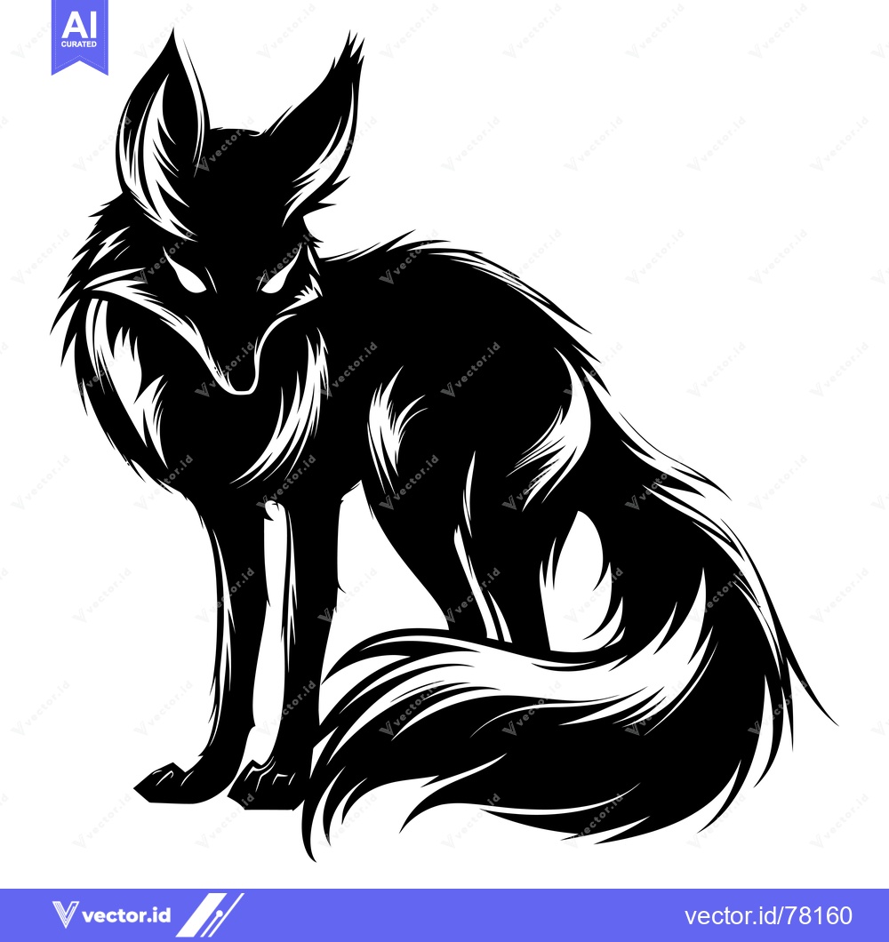 Premium Vector of Black and White Silhouette of a Sitting Fox with a Long, Bushy Tail