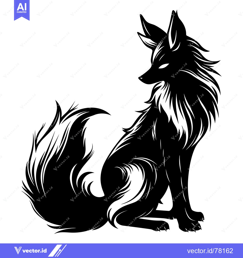 Premium Vector of Black and White Illustration of a Sitting Fox with a Fluffy Tail