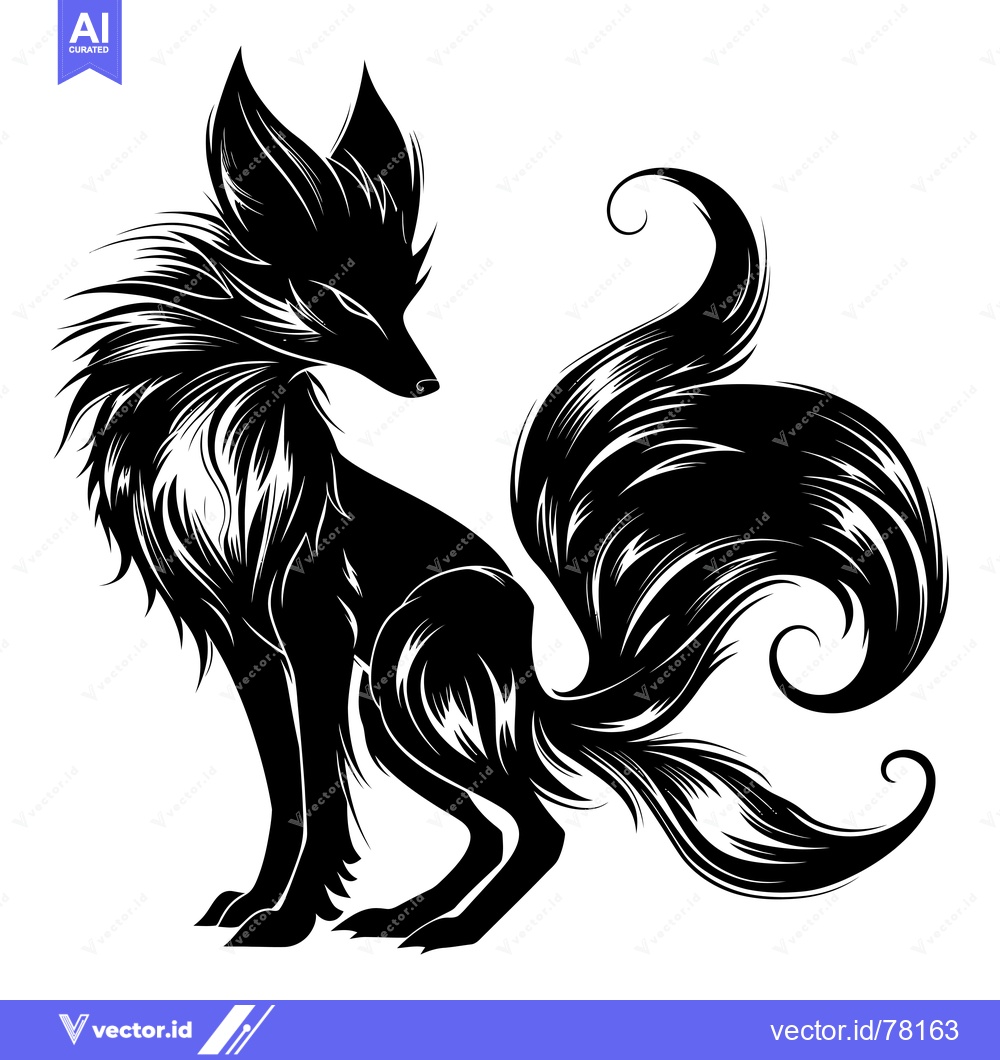 Premium Vector of Black and White Silhouette of a Fox with a Swirling Tail