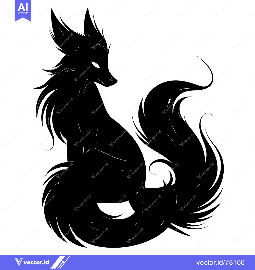 Premium Vector of A Black Silhouette of a Sitting Fox with a Large, Fluffy Tail