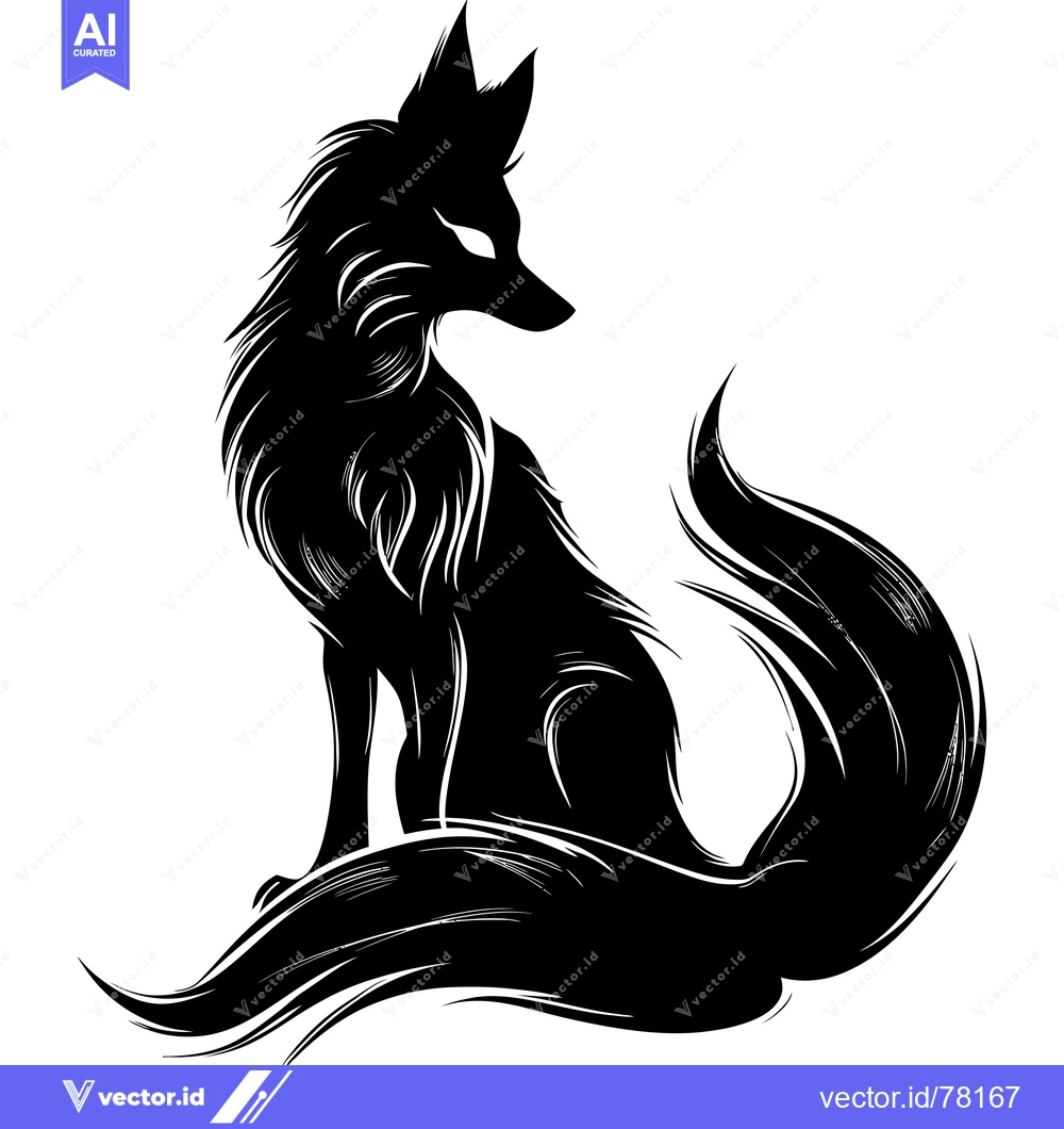 Premium Vector dari Black and White Silhouette of a Sitting Fox with a Bushy Tail