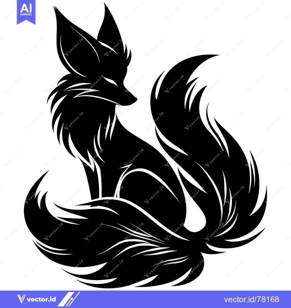 Premium Vector dari Black and White Silhouette of a Sitting Fox with a Fluffy Tail